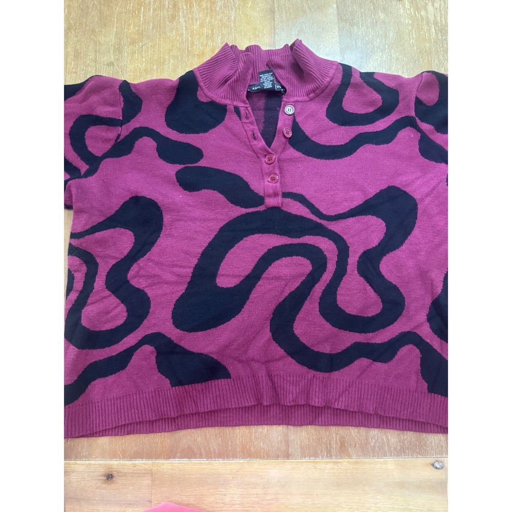 Ashley Stewart Plus Size 22/24 Magenta Black Abstract Swirl Henley Sweater Mock